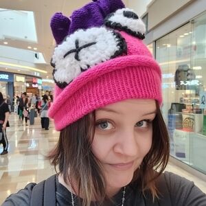 Pink and Purple Beanie Character Knit Hat Crazy Eyes